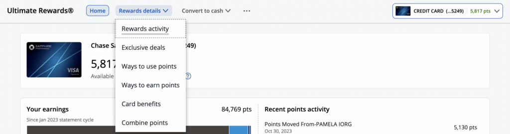 Screenshot of Ultimate Rewards site