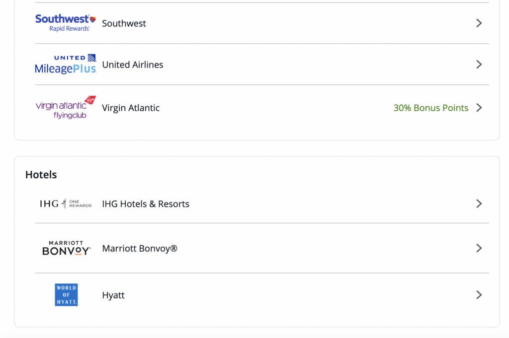 Screenshot of Chase Ultimate Reward partners