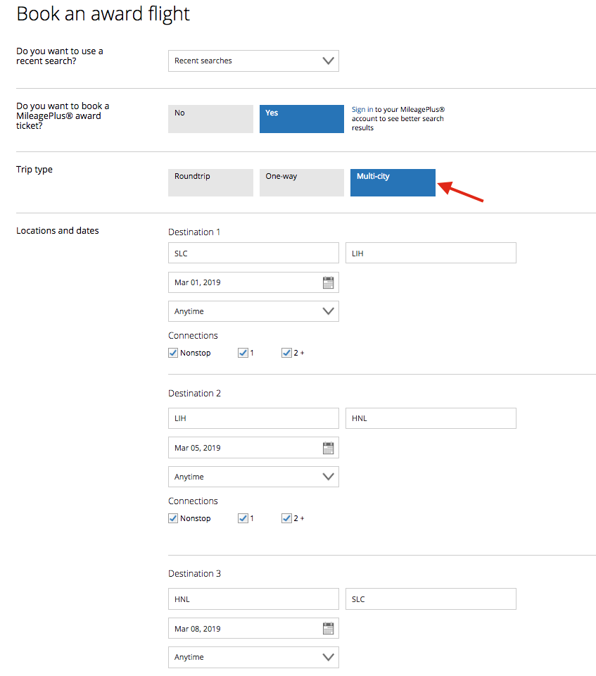 Screenshot showing how to do a multi-city search on United.com