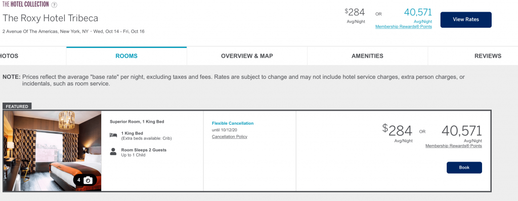 Screen shot Roxy Hotel NYC costs