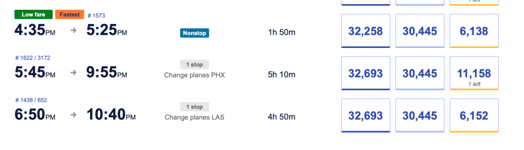 Screen shot of Southwest flights