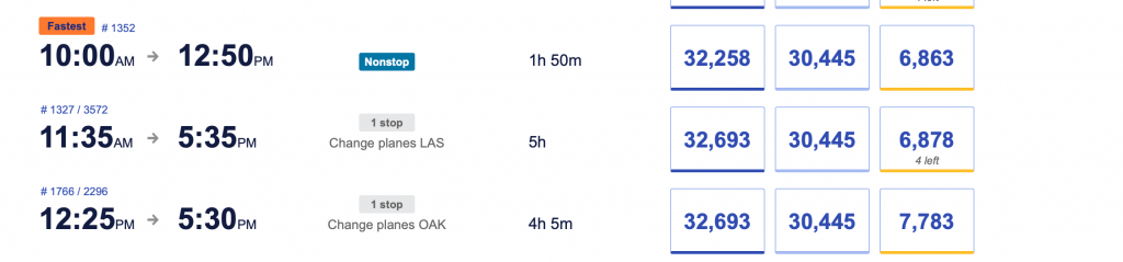 Screen shot of Southwest award flights