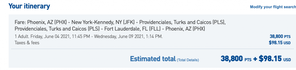Jet Blue itinerary screenshot