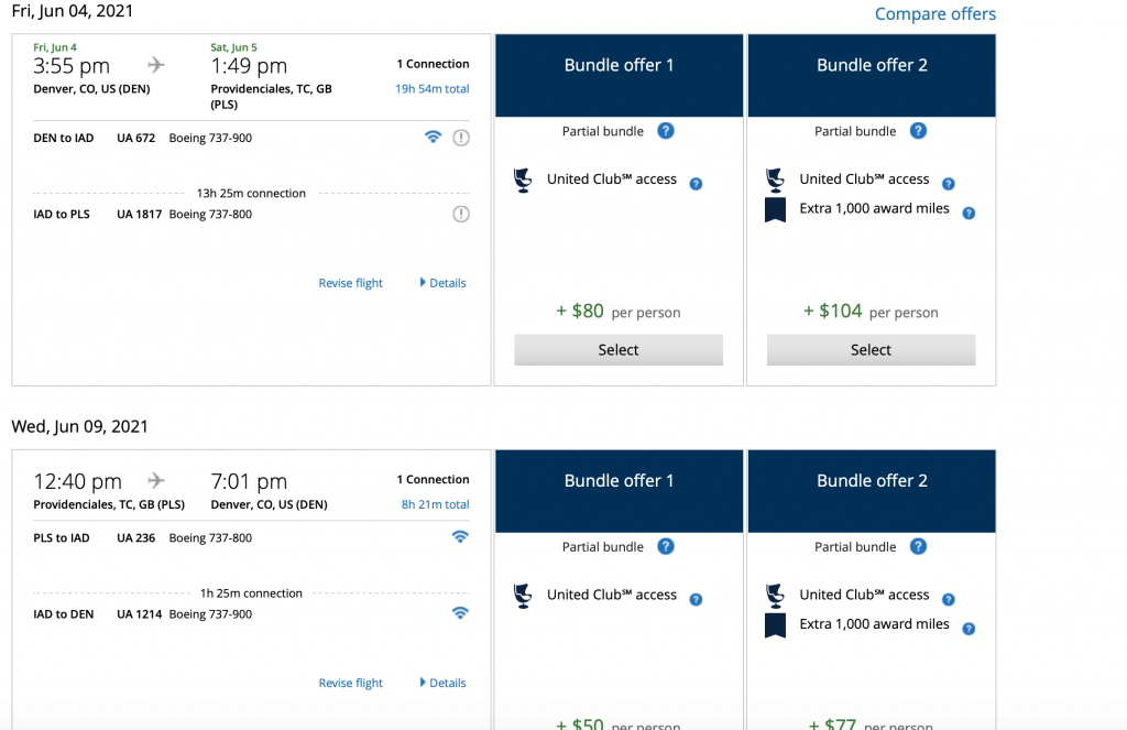 United Airline screenshot of award flights