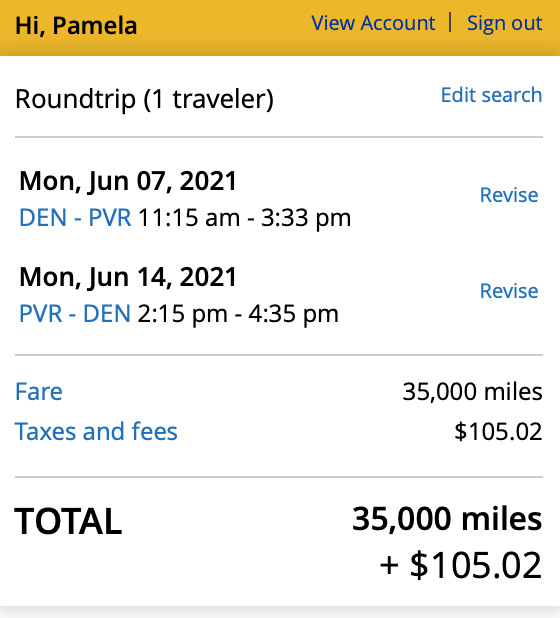 Award flight screenshot Denver to Puerto Vallarta