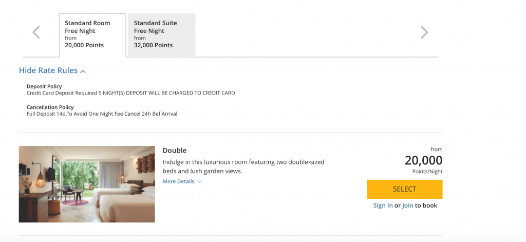 Screen shot of hotel room and points redemption