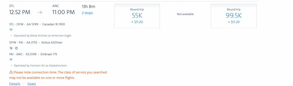Screenshot American Airlines Reward Flight