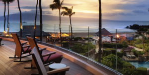 Balcony at hotel overlooking water and beach