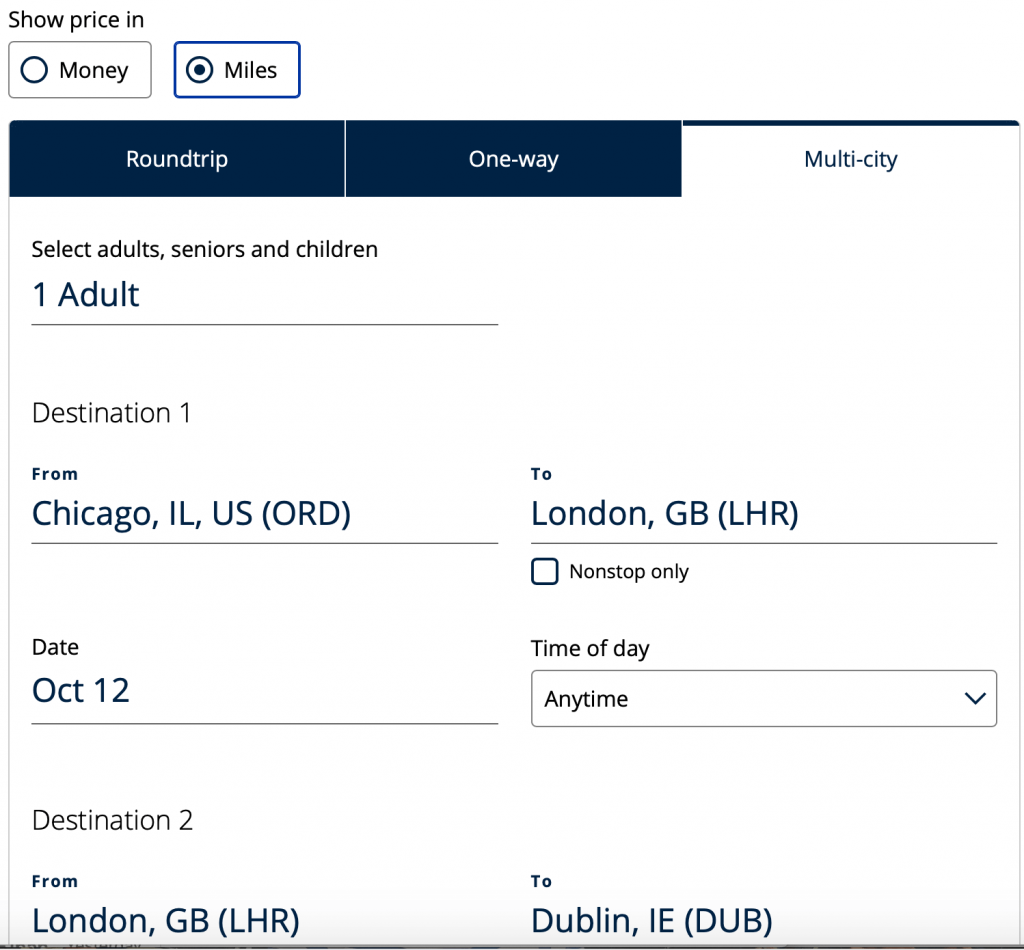 Screenshot of United award flight