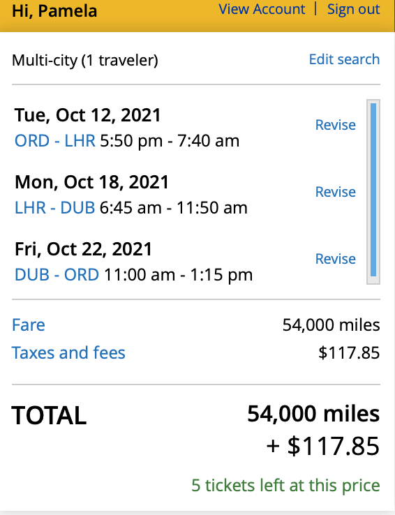 Screenshot of United award flight