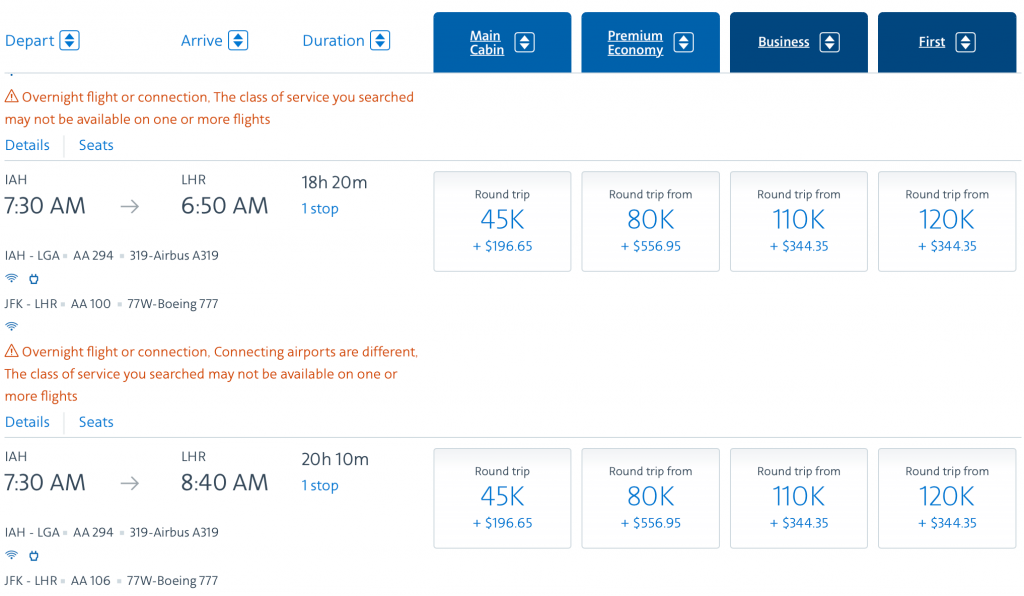 Screenshot AA Award Flights