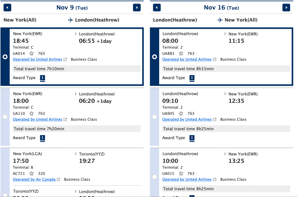 Screenshot ANA award flights