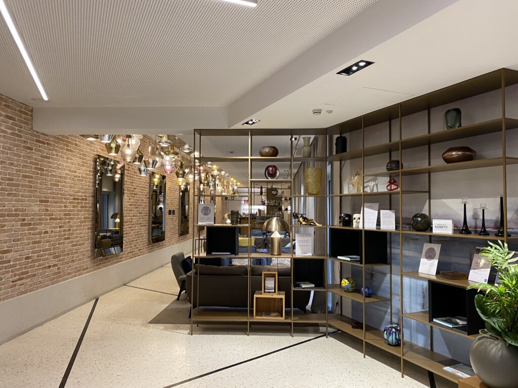 Hotel entry with brick wall