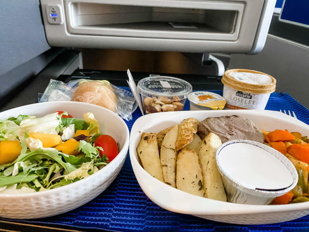 Meat, potatoes, salad for airport meal
