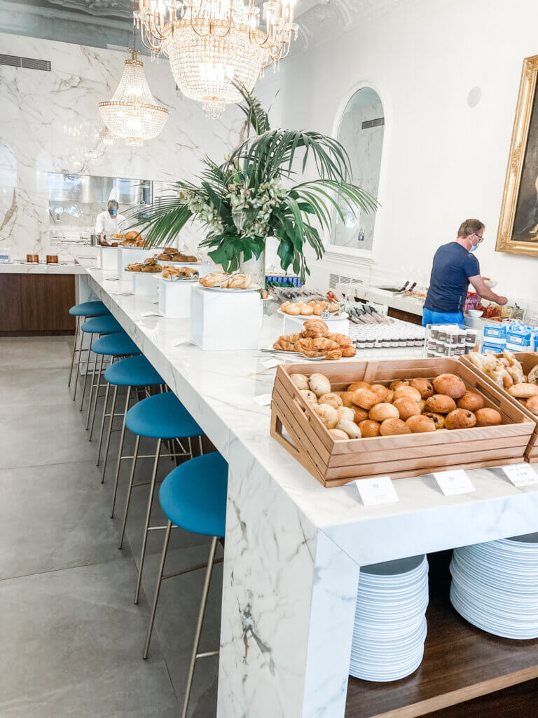 Breakfast buffet on white table