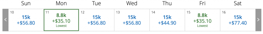 screenshot of award flights