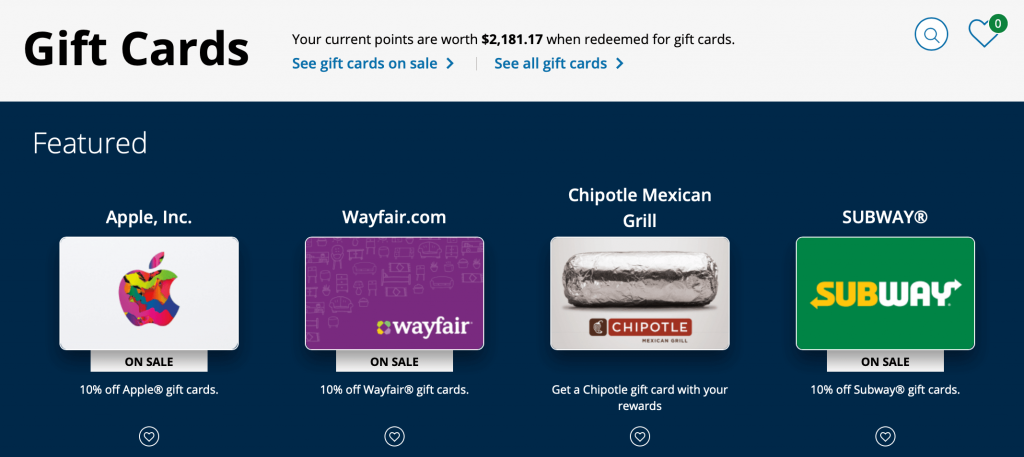 Screenshot gift card redemptions for credit card points