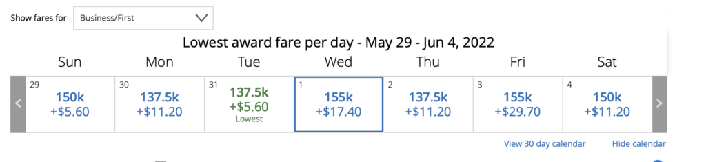 Screenshot Award Redemption on United Chicago to Rome