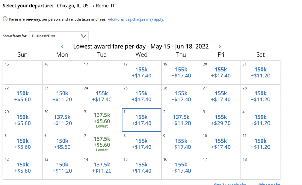 Screenshot Award Redemption on United Chicago to Rome