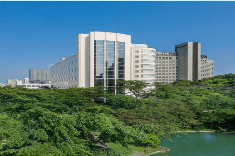 Tall white building surrounded by green bushes and trees