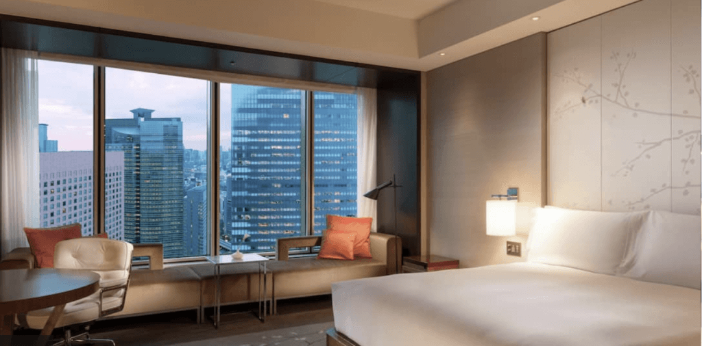 Hotel bedroom across from large buildings