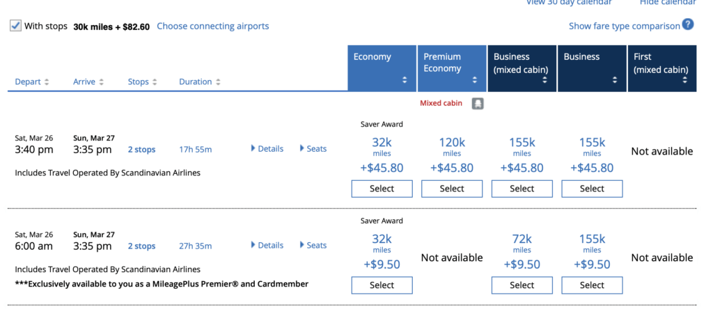 Screenshot of United award redemption