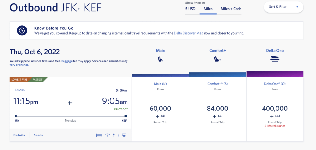Delta Airlines award redemption screenshot