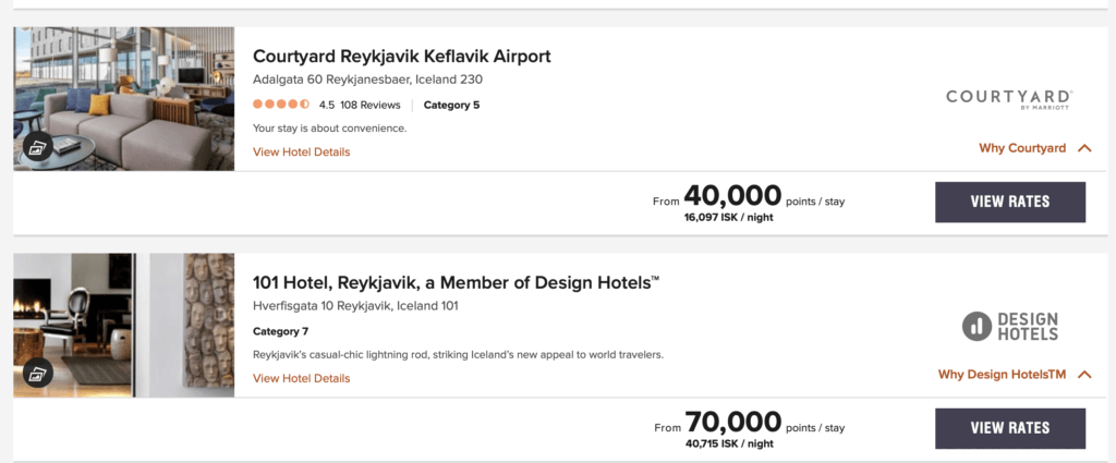 Screenshot Marriott Hotel stays in Iceland