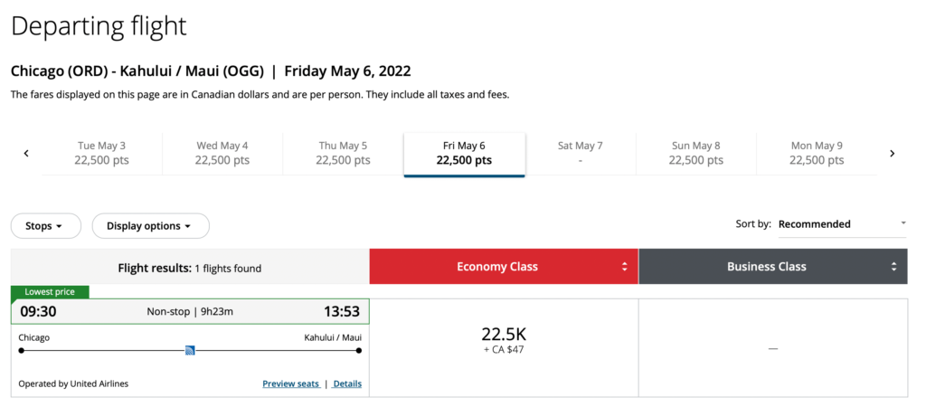Screenshot Air Canada flight