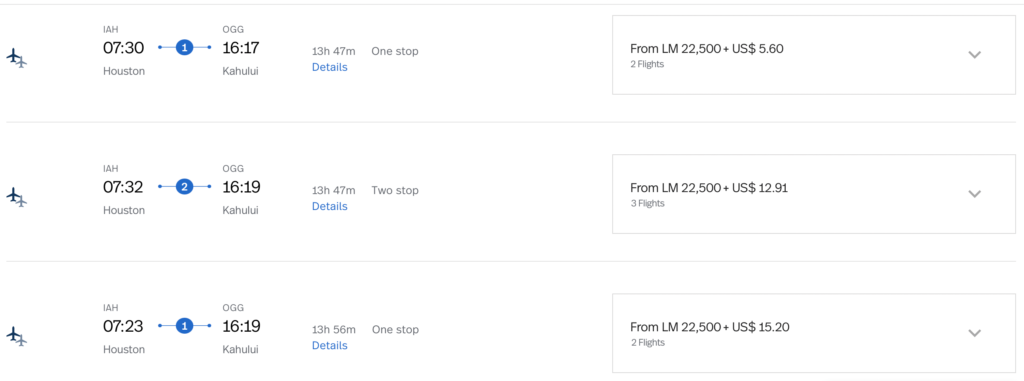 Screenshot Avianca award redemptions