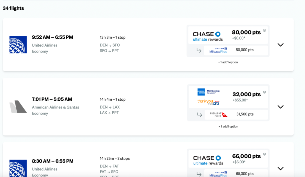 Screenshot of award flights