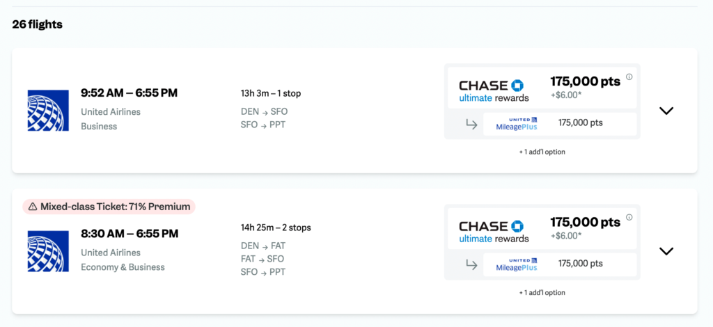 Screenshot of award flights