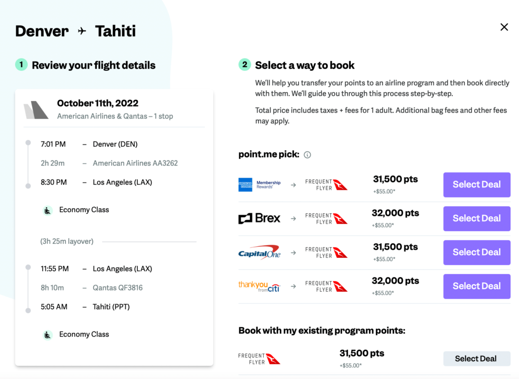 Screenshot of Award Flight