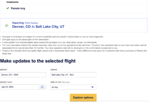 Screenshot of Southwest change flight