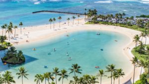 Turquoise water white sand and palm trees