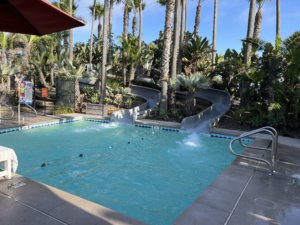 Water slides emptying into pool area