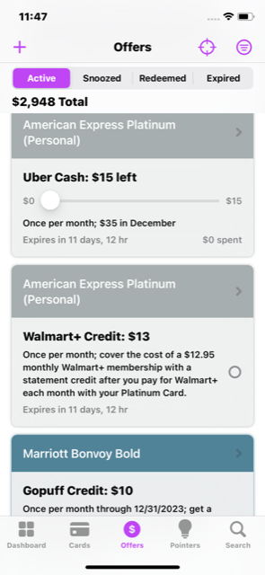 Screenshot of card pointers app