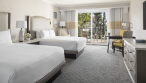 hotel room with two queen beds