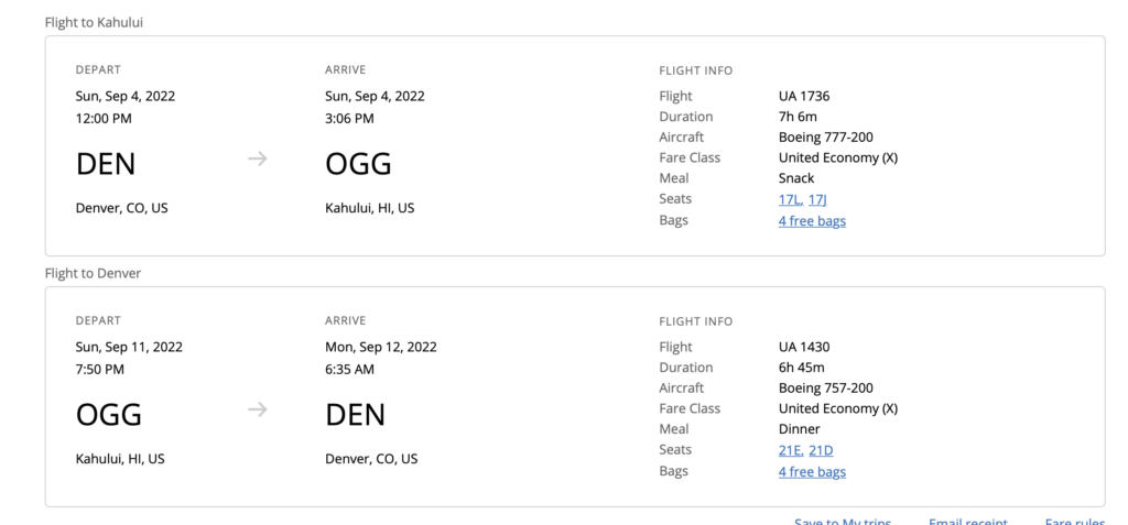 Screenshot of United flight Denver - Maui
