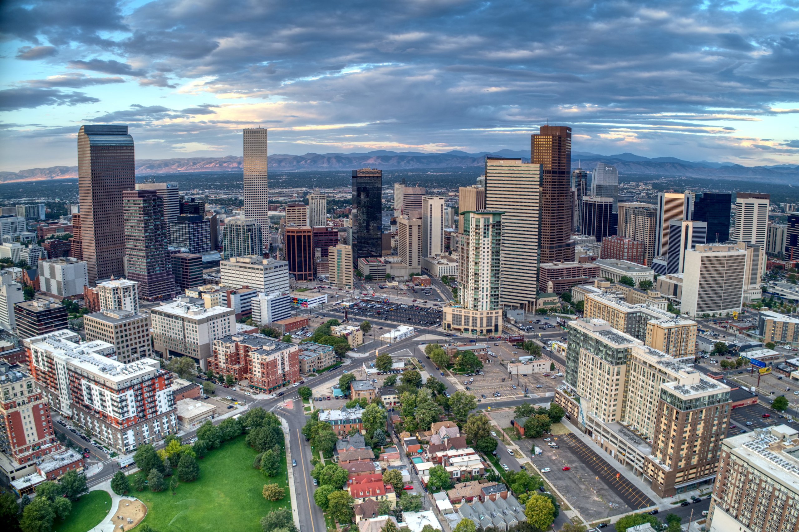 Aerial view of big city with skyscrapers