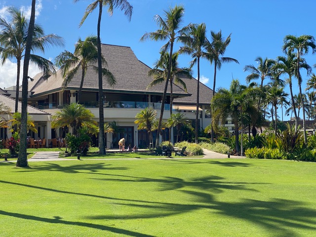 White hotel with palm trees