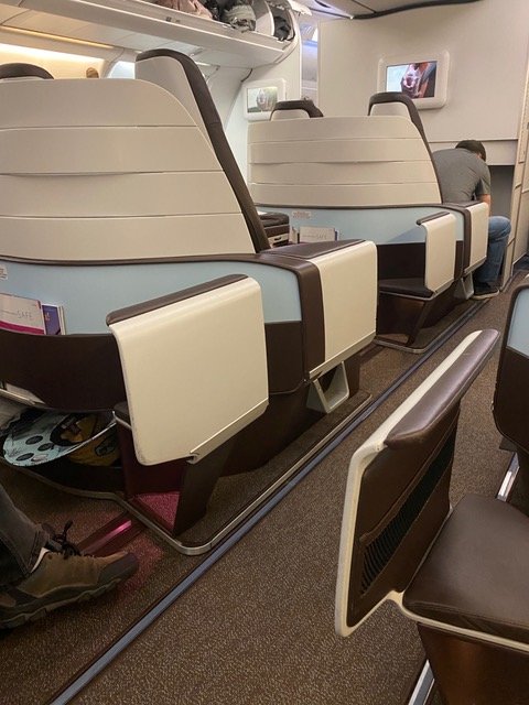 Blue and white airline seats