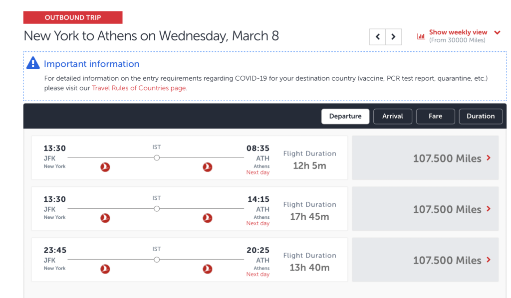 Screenshot of award flights