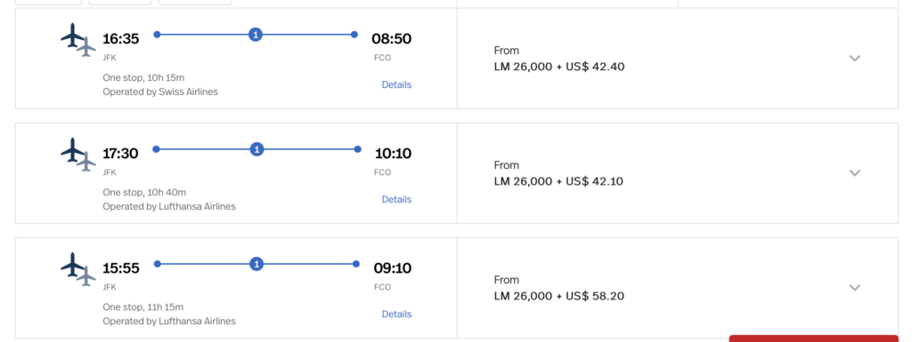 Screenshot of flights to Rome