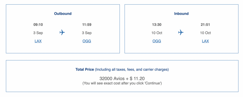 Screenshot of flight to Hawaii via British Airways site