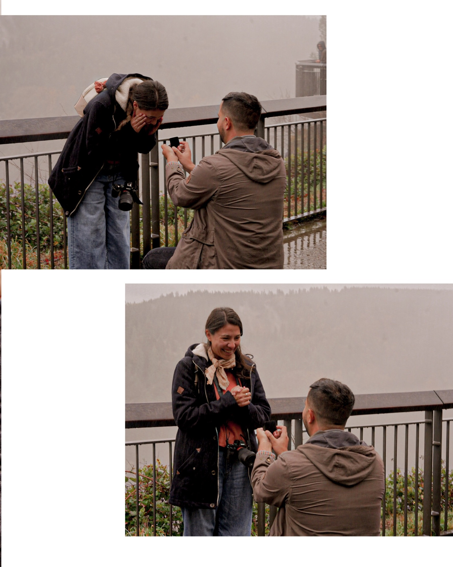 man on one knee with ring in hand before girl
