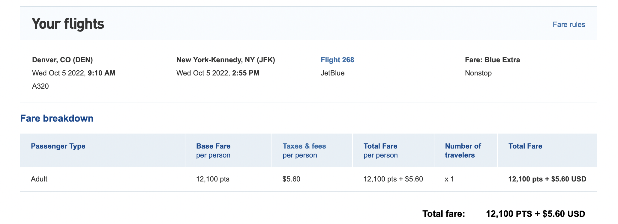 Screenshot Jet Blue flight details