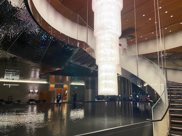 Large staircase near water feature