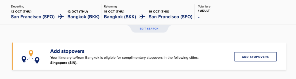 Screenshot of Singapore Airlines award site