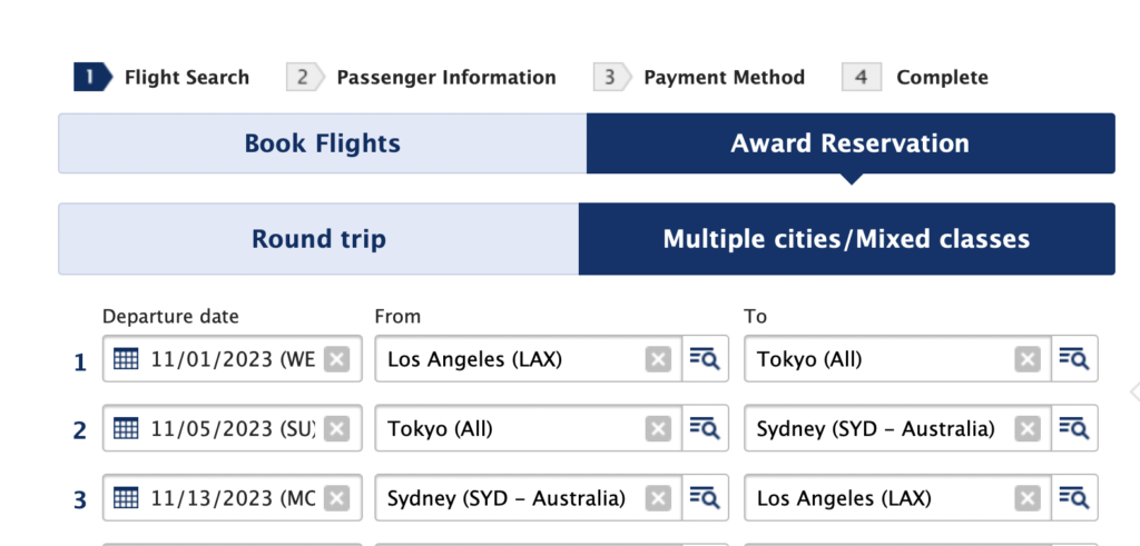 Screenshot ANA airlines search